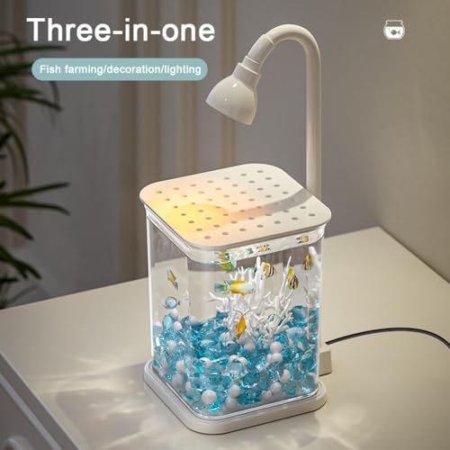 Qpets® Betta Fish Tank, Ventilated Roofed Clear Small Fish Tank with LED Light, Romantic Blue Pebble Faux Pearl Coral Ornaments Qpets® Betta Fish Tank, Ventilated Roofed Clear Small Fish Tank with LED Light, Romantic Blue Pebble Faux Pearl Coral Ornaments